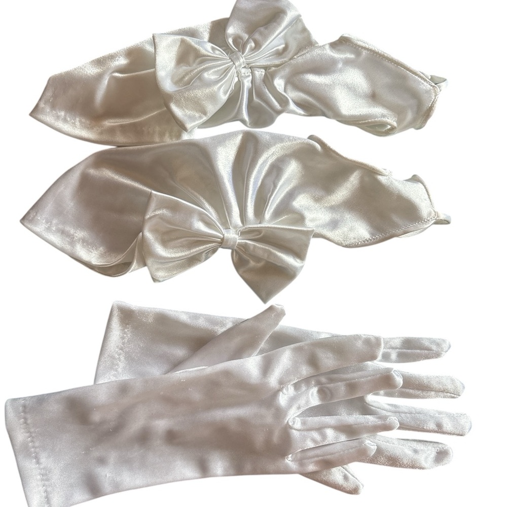 Vintage 2 Pairs White Satin Gloves with Ruching and Bows Set
